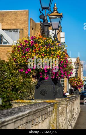 Lampade e cesti di fiori appesi su Kingston Bridge, Kingston-upon-Thames, Surrey, Inghilterra, Regno Unito Foto Stock