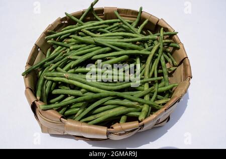 Fagioli verdi lunghi conosciuti anche come lobia ki phalli fresco o Chawli mucchio in vimini cesto. Vista dall'alto di fagioli indiani sottili, raccolti di fresco Foto Stock