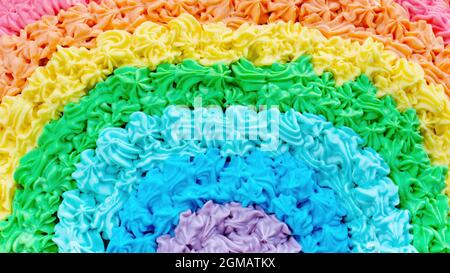 Primo piano torta arcobaleno. Sfondo arcobaleno con spazio di copia. Torta glassata con crema multicolore colorata con colorazioni alimentari in colori arcobaleno a Celebra Foto Stock