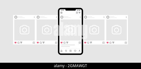 Kyiv, Ukraine - August 1, 2021: Smartphone with Instagram carousel post. Instagram interface carousel post mockup template. Illustrazione Vettoriale