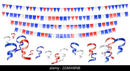 Bandiere rosse, bianche, blu, nastri su bianco. Concept in Colors flag of USA, cile, francia, paesi bassi, australia, regno unito. Indipendenza americana D Illustrazione Vettoriale