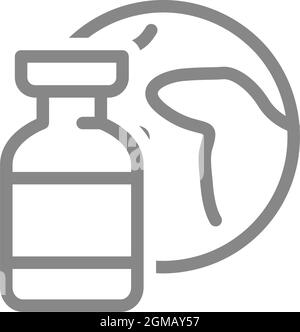 Fiala medica e icona della linea terrestre del pianeta. Vaccinazione mondiale, immunità, siero, vaccino simbolo Illustrazione Vettoriale