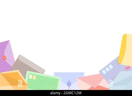 Cornice di buste realistica con timbro postale e francobolli. Posta aerea, concetto di consegna espresso isolato su sfondo bianco. Design di modelli, quadrati, banner, poster e siti Web. Illustrazione vettoriale Illustrazione Vettoriale