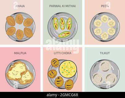 Grafica vettoriale indiana. Bihari Food. Piatto principale colazione, pranzo e cena in India. Litti Chokha Malpua Tilkut peda parwal ki mithai khaj Illustrazione Vettoriale