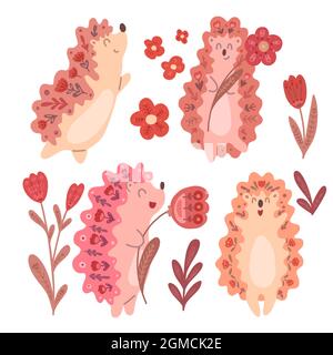 Set di graziosi hedgehog danzanti con fiori e decorazioni folcloristiche isolate dallo sfondo. Animali vettoriali delicati e ornamento floreale. Scheda e poster Illustrazione Vettoriale