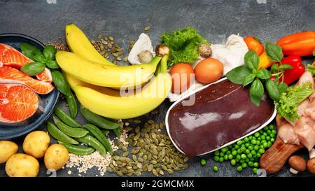 Fonti naturali di vitamina B12 (piridossina). Concetto di cibo sano. Vista dall'alto, disposizione piatta, spazio di copia Foto Stock