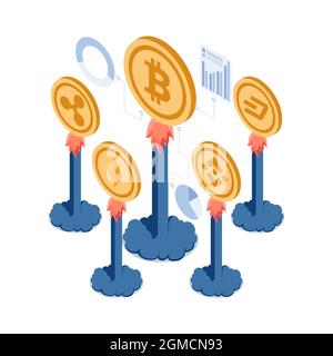 Flat 3d Isometric Cryptocurrency Alt Coin Growing Up Segui Bitcoin. Concetto di tecnologia Blockchain e investimento di criptovaluta. Illustrazione Vettoriale