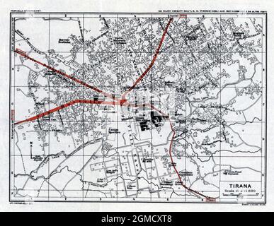 Tirana Mappa, Mappa di Tirana, Città di Tirana, Vecchia Tirana Mappa, retro Tirana Mappa, Vintage Tirana Map, Old Map of Tirana, Tirana Plan, Poster Tirana, Albania Foto Stock