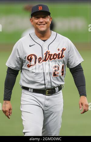 San Pietroburgo, Florida. USA; Detroit Tigers ha designato il hitter Miguel Cabrera (24) durante i warmup pre-partita prima di una partita di baseball della Major League contro th Foto Stock