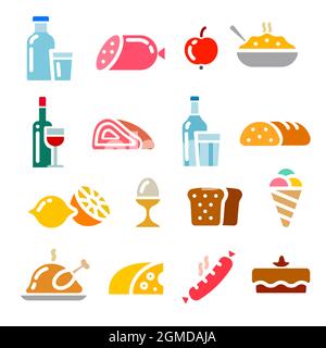 illustrazione dei prodotti alimentari e dei pasti icone e pittogrammi minimal colorful cibo Illustrazione Vettoriale