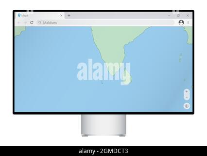 Computer monitor con mappa delle Maldive nel browser, cercare il paese delle Maldive sul programma di mappatura web. Modello vettoriale. Illustrazione Vettoriale