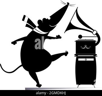Cartoon ratto o mouse e retro registrazione player illustrazione. Divertente ratto o mouse ascoltare musica dal lettore di dischi d'epoca e ballare in bianco e nero Illustrazione Vettoriale