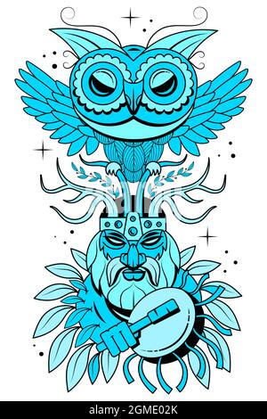 Ritratto a mano uomo con piume e simboli etnici. Disegno vettoriale a mano hipster isolato su sfondo bianco.Boho design, t-shirt Illustrazione Vettoriale