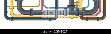 Raccordi per acqua. Pipeline per scopi vari. Diversi colori di tubi in metallo e plastica. Illustrazione isolata sul vettore di sfondo. Illustrazione Vettoriale