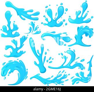 Spruzzi d'acqua blu, onde oceaniche, gocce d'acqua. Acqua di mare vortici ondulati, fiume fluente elementi d'onda vettore illustrazione simboli set. Vortici d'acqua oceanica Illustrazione Vettoriale