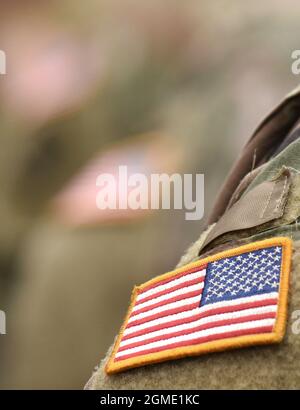 Soldati STATUNITENSI. Esercito DEGLI STATI Uniti. USA patch flag sulla divisa militare degli Stati Uniti. Giornata dei veterani. Memorial Day. Foto Stock