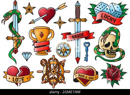 Retrò tatuaggio rosa, coltello, cuore, cranio vecchi simboli della scuola. Elementi di incisione del tatuaggio vintage Set di illustrazioni vettoriali isolate. Arte vecchia scuola Illustrazione Vettoriale