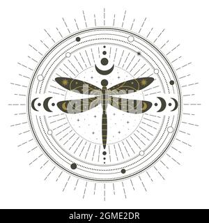 Magico stregoneria dragonfly insetto mistico incantesimo cerchio. Witchcraft magico incantesimo cerchio, mistica libellula simbolo illustrazione vettore. Astratto Illustrazione Vettoriale