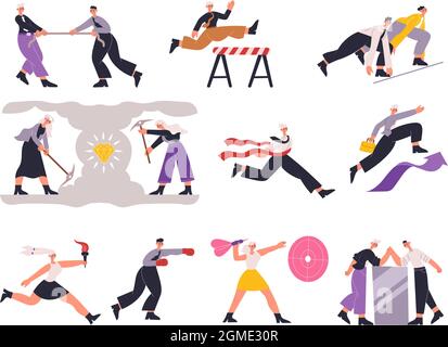 Lavoratori di affari personaggi professionale lotta di carriera concorrenza. Set di illustrazioni vettoriali per la competizione di carriera e la motivazione del lavoro. Maschio e femmina Illustrazione Vettoriale