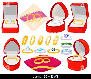 Cartone animato matrimonio matrimonio impegno gioiello dorato e anelli d'argento. Proposta di matrimonio, sposa e groom anelli in scatole di velluto rosso vettore illustrazione set Illustrazione Vettoriale