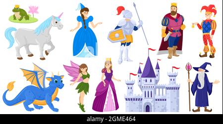 Cartoon fiaba medievale magico mondo personaggi. Fantasia fiaba principessa, unicorno, cavaliere, mago, drago vettore illustrazione set. Fiaba Illustrazione Vettoriale