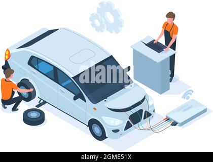 Manutenzione isometrica dell'auto, riparazione, stazione diagnostica del computer. Servizio di riparazione automatica, diagnostica del motore meccanica, illustrazione del vettore di risoluzione dei problemi Illustrazione Vettoriale
