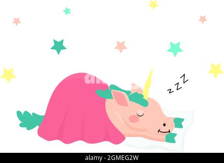 Illustrazione vettoriale di unicorno dormiente sotto coperta rosa isolato su sfondo bianco. Personaggio cartoon per stampa, biglietti d'auguri, poster, bambini Illustrazione Vettoriale