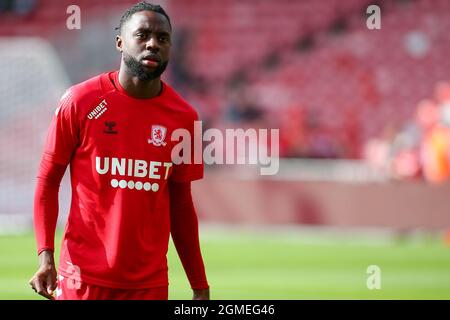 MIDDLESBROUGH, REGNO UNITO. 18 SETTEMBRE. James Léa Siliki di Middlesbrough durante la partita del campionato Sky Bet tra Middlesbrough e Blackpool al Riverside Stadium di Middlesbrough sabato 18 settembre 2021. (Credit: Michael driver | MI News) Credit: MI News & Sport /Alamy Live News Foto Stock