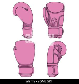 Set di illustrazioni con guanti da boxe rosa. Oggetti vettoriali colorati isolati su bianco. Illustrazione Vettoriale