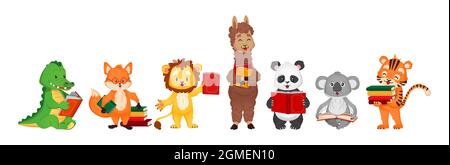 Set con simpatici animali leggere libri. Illustrazione vettoriale per bambini in stile cartoon flat Illustrazione Vettoriale