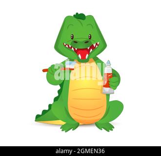 Cute verde denti di spazzolamento coccodrillo che tengono spazzolino e dentifricio in paws.Vector illustrazione in stile cartoon per bambini Illustrazione Vettoriale