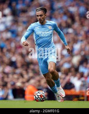 Il Manchester City's Jack Grealish durante la partita della Premier League all'Etihad Stadium di Manchester. Data foto: Sabato 18 settembre 2021. Foto Stock