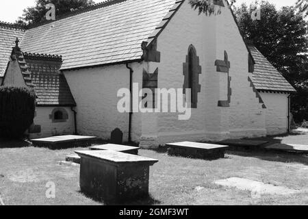 Il cortile della chiesa della chiesa parrocchiale di St Digain a Llangernyw è il sito di un antico albero di tasso che è il più antico albero vivente in Galles Foto Stock