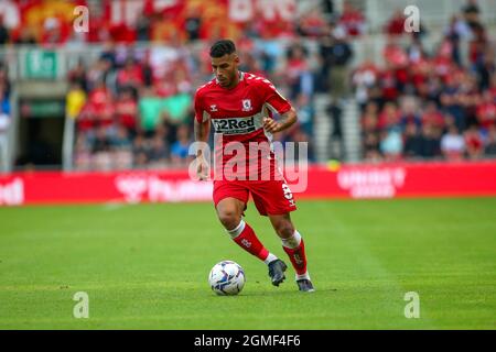 MIDDLESBROUGH, REGNO UNITO. 18 SETTEMBRE. Onel Hernández di Middlesbrough durante la partita del Campionato Sky Bet tra Middlesbrough e Blackpool al Riverside Stadium di Middlesbrough sabato 18 settembre 2021. (Credit: Michael driver | MI News) Credit: MI News & Sport /Alamy Live News Foto Stock