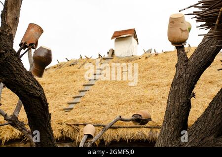 Vecchia scala in legno sul, coperta di paglia. Scala in legno al tetto di una vecchia casa, scale sul vecchio tetto che va al cielo. Tettuccio paglia di Foto Stock