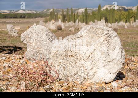 Stele funeraria di Vacceos, necropoli di Las Ruedas, antica città di Pintia, Padilla de Duero, provincia di Valladolid, Spagna. Foto Stock