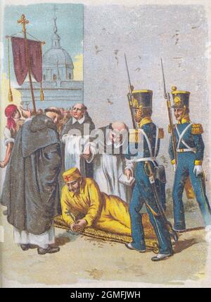 España. Los Mártires Españoles. Rafael del Riego Florez (1784-1823), militar y político español, auxiliado por un sacerdote antes de ser conducido al patíbulo. Cromolitografía de 1900. Foto Stock