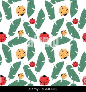Motivo colorato vettoriale senza cuciture con ladybugs e foglie. Sfondo naturale infinito. Stampa di insetti ripetibile Illustrazione Vettoriale