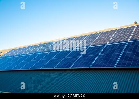 Ampio scatto di due file di pannelli solari su un tetto. Metà dei pannelli sono coperti in ombra e l'altra metà in luce solare. Foto Stock