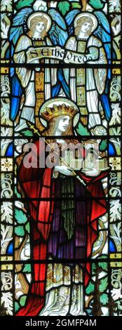 Sant'Etheldreda, Abbessa di Ely, VII secolo, Santa, vetrate, 1895, Blakeney Church, Norfolk, Inghilterra Foto Stock