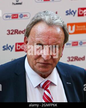 MIDDLESBROUGH, REGNO UNITO. 18 SETTEMBRE. Il direttore di Middlesbrough Neil Warnock parla con la stampa dopo la loro sconfitta a Blackpool nel 2-1 durante la partita del campionato Sky Bet tra Middlesbrough e Blackpool al Riverside Stadium di Middlesbrough sabato 18 settembre 2021. (Credit: Michael driver | MI News) Credit: MI News & Sport /Alamy Live News Foto Stock