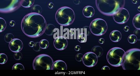 Sfondo realistico con bolle colorate di sapone flying lucide. Sfere 3d in schiuma da bagno con riflessione dell'arcobaleno. Lavaggio bolle concetto vettoriale Illustrazione Vettoriale
