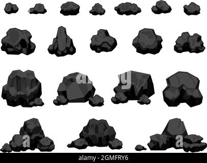 Cartoon miniera di carbone nero pezzi e pile, materiale bruciante. Grumi di carbone per fuoco, produzione di energia naturale. Set di vettori di rocce di carbone Illustrazione Vettoriale