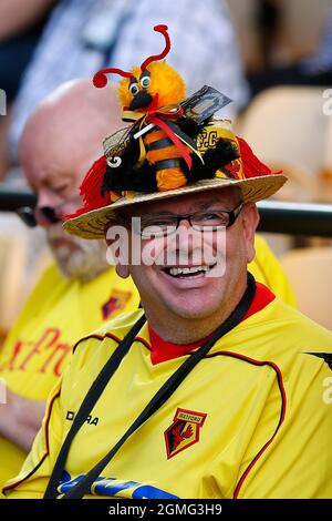 Norwich, Regno Unito. 18 settembre 2021. Felice fan di Watford durante la partita della Premier League tra Norwich City e Watford a Carrow Road il 18 settembre 2021 a Norwich, Inghilterra. (Foto di Mick Kearns/phcimages.com) Credit: PHC Images/Alamy Live News Foto Stock