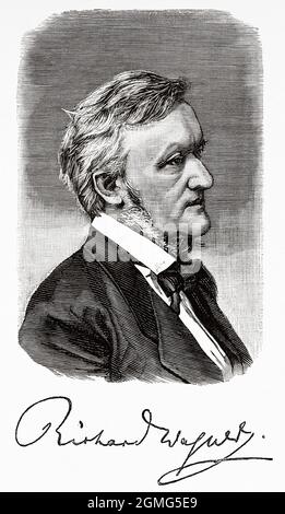 Ritratto di Wilhelm Richard Wagner (1813-1883) è stato un compositore, regista teatrale, polemicista e direttore d'orchestra tedesco, noto principalmente per le sue opere. Antica illustrazione del 19 ° secolo inciso da la Ilustración Artística 1882 Foto Stock