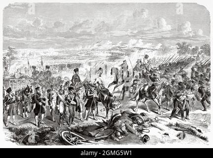 La battaglia di Waterloo fu combattuta domenica 18 giugno 1815. Antica illustrazione del 19 ° secolo inciso da la Ilustración Artística 1882 Foto Stock