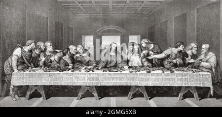 L'ultima cena di Leonardo da Vinci (1452-1519) fu un polimato fiorentino del Rinascimento italiano. Fu pittore, anatomista, architetto, paleontologo, artista, botanico, scienziato, scrittore, scultore, filosofo, ingegnere, inventore, musicista, poeta e urbanista. Antica illustrazione del 19 ° secolo inciso da la Ilustración Artística 1882 Foto Stock