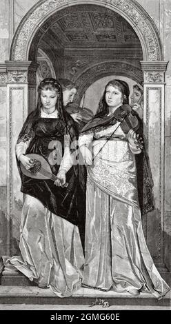 Il quartetto d'archi, dipinto da Anselm Feuerbach (1829-1880), è stato un pittore tedesco. È considerato il pittore classicista più eccezionale della scuola tedesca del XIX secolo. Antica illustrazione del 19 ° secolo inciso da la Ilustración Artística 1882 Foto Stock