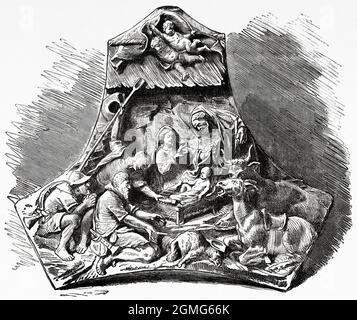 L'adorazione dei pastori da parte dello scultore Martin Stammel. Antica illustrazione del 19 ° secolo inciso da la Ilustración Artística 1882 Foto Stock