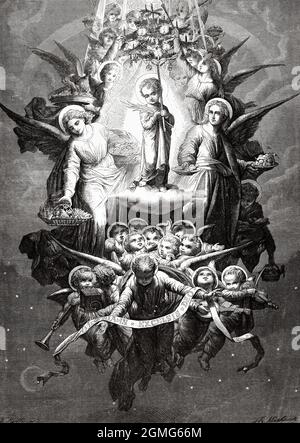 Allegoria di Natale, dipinto di Teodoro Mintuyo. Antica illustrazione del 19 ° secolo inciso da la Ilustración Artística 1882 Foto Stock